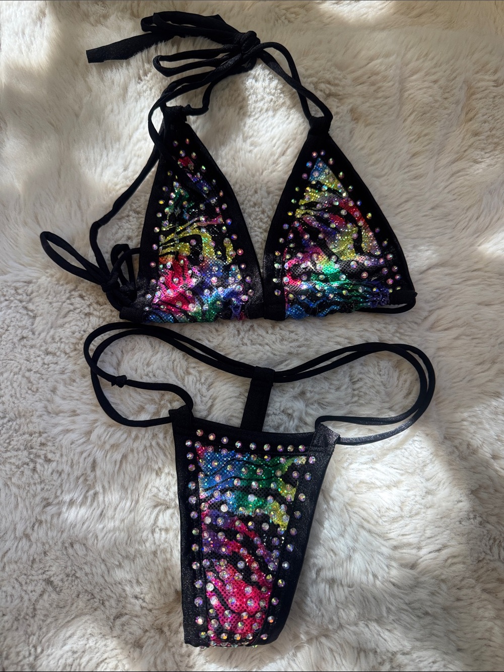 Rhinestone Multicolor rainbow zebra print thong bikini Exotic Dancewear / Rave